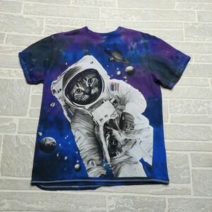 DOM Space Kitty Shirt Womens Medium Purple Blue Tie Dye Short Sleeve 100% Cotton
